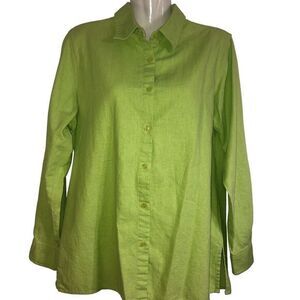 Kim Rogers‎ top Sz S linen blend green square button front tab sleeve side slits